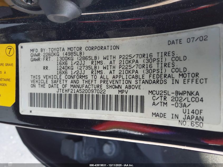 2002 Toyota Highlander Limited V6 VIN: JTEHF21A520097022 Lot: 43919531