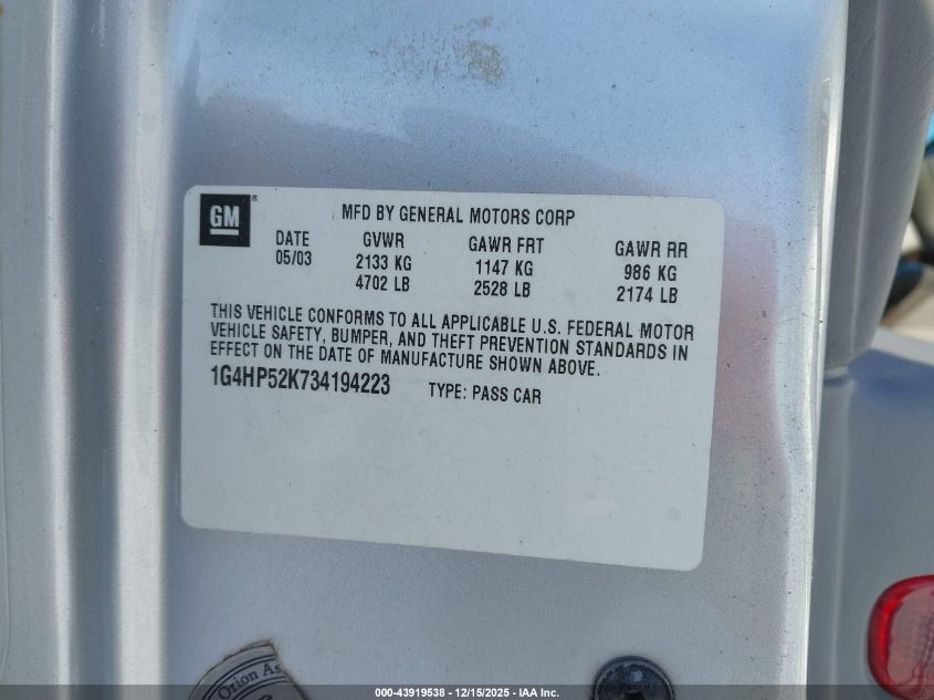 2003 Buick Lesabre Custom VIN: 1G4HP52K734194223 Lot: 43919538