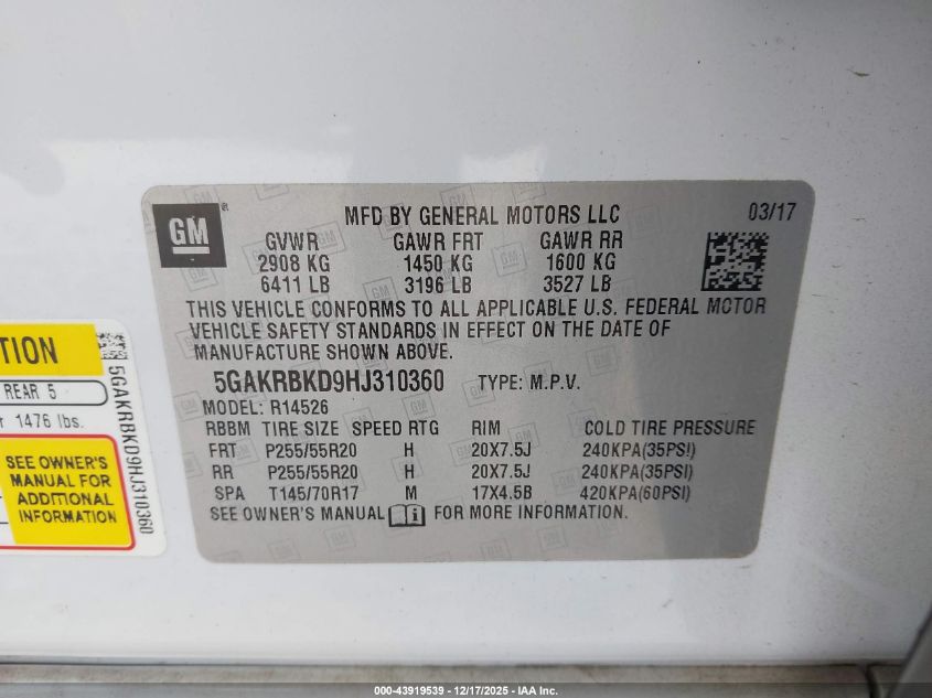 2017 Buick Enclave Leather VIN: 5GAKRBKD9HJ310360 Lot: 43919539