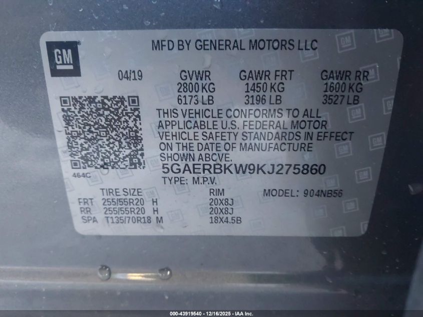 2019 Buick Enclave Fwd Essence VIN: 5GAERBKW9KJ275860 Lot: 43919540