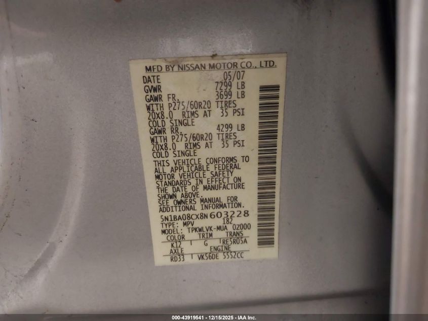 2008 Nissan Armada Le VIN: 5N1BA08CX8N603228 Lot: 43919541