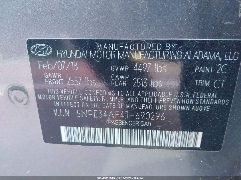 2018 Hyundai Sonata Sel VIN: 5NPE34AF4JH690296 Lot: 43919546