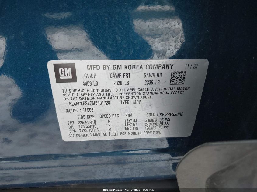 2021 Buick Encore Gx Awd Select VIN: KL4MMESL7MB101728 Lot: 43919549