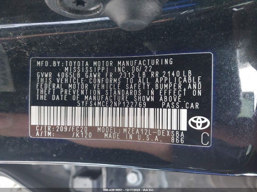 2022 Toyota Corolla Se Nightshade Edition VIN: 5YFS4MCE2NP122769 Lot: 43919551