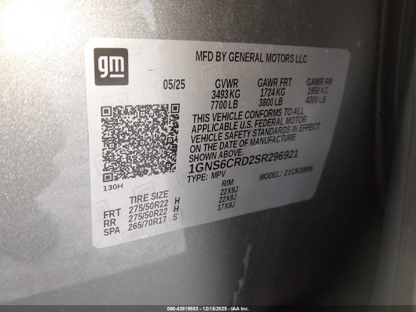 2025 Chevrolet Suburban 4Wd Lt VIN: 1GNS6CRD2SR296921 Lot: 43919553