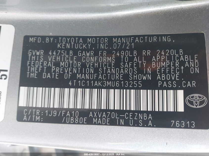 2021 Toyota Camry Le VIN: 4T1C11AK3MU613255 Lot: 43919557