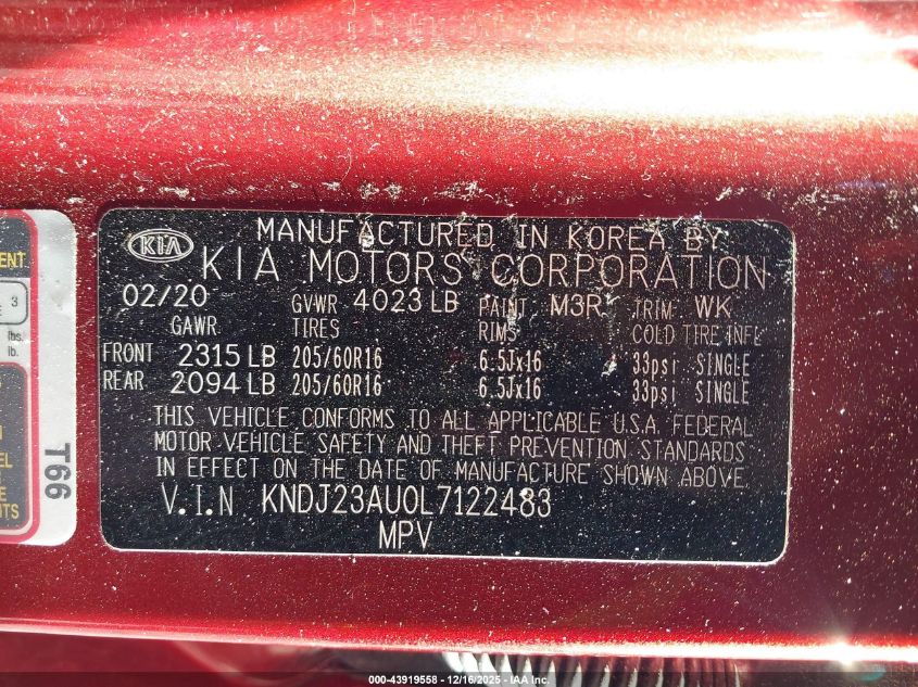 2020 Kia Soul S VIN: KNDJ23AU0L7122483 Lot: 43919558