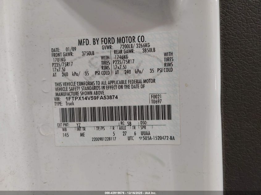 2009 Ford F-150 Fx4/Lariat/Xl/Xlt VIN: 1FTPX14V59FA53874 Lot: 43919576