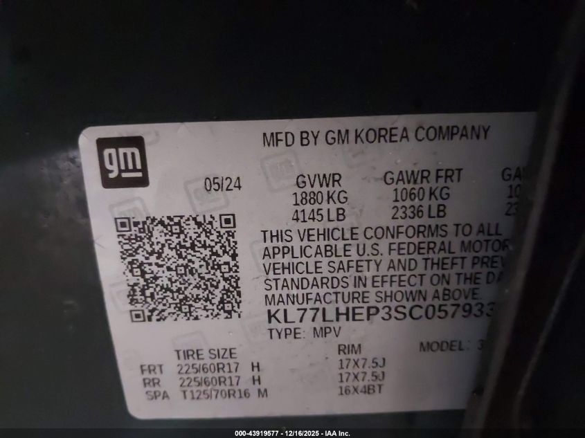 2025 Chevrolet Trax Fwd Lt VIN: KL77LHEP3SC057933 Lot: 43919577