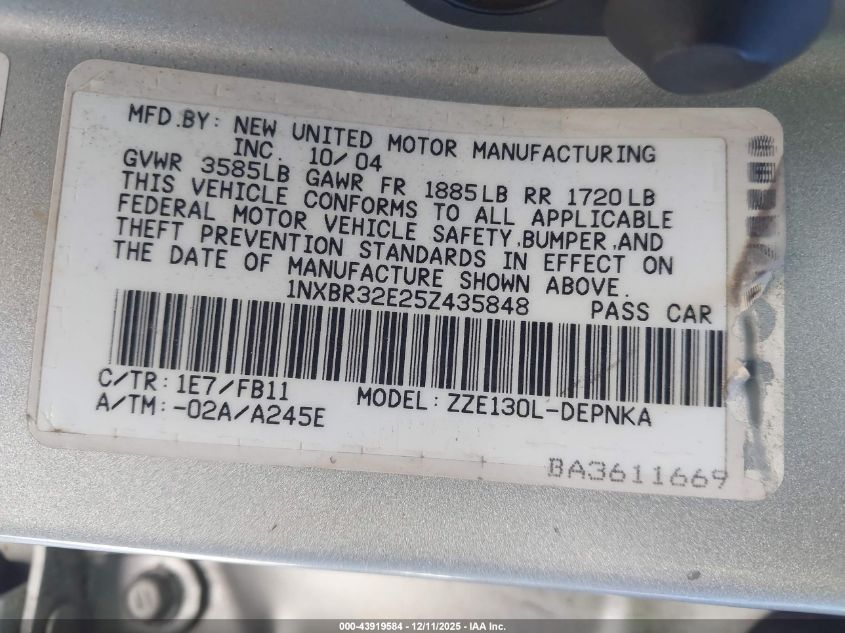 2005 Toyota Corolla Le VIN: 1NXBR32E25Z435848 Lot: 43919584