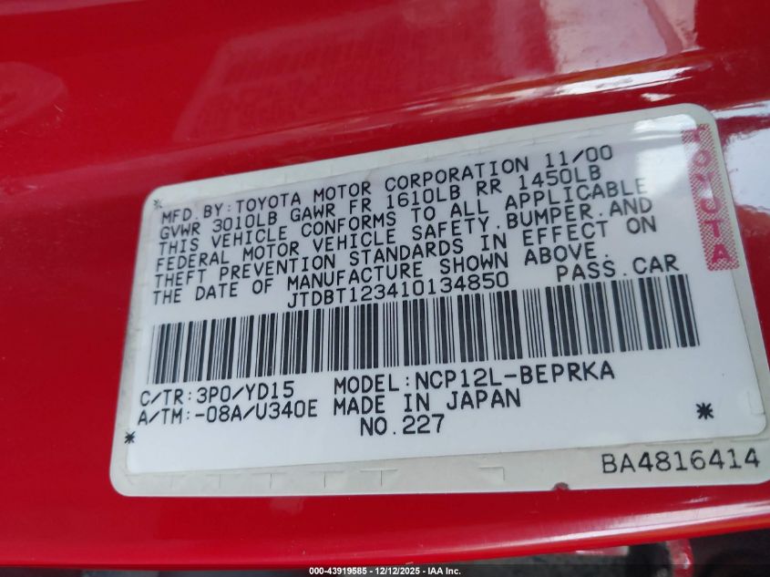 2001 Toyota Echo VIN: JTDBT123410134850 Lot: 43919585