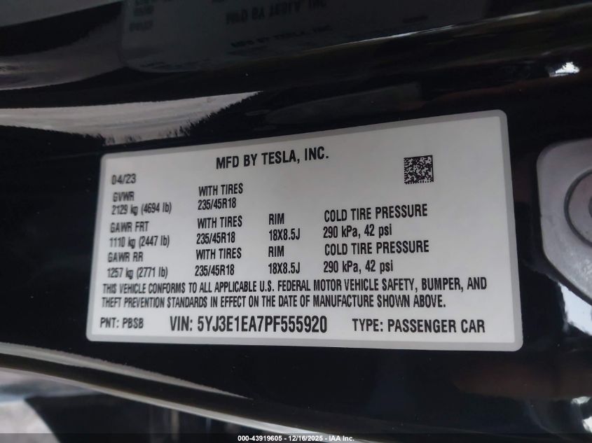 2023 Tesla Model 3 Rear-Wheel Drive VIN: 5YJ3E1EA7PF555920 Lot: 43919605