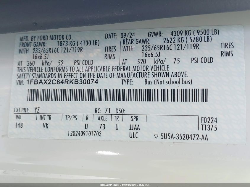 2024 Ford Transit-350 Passenger Van Xl VIN: 1FBAX2C84RKB30074 Lot: 43919606