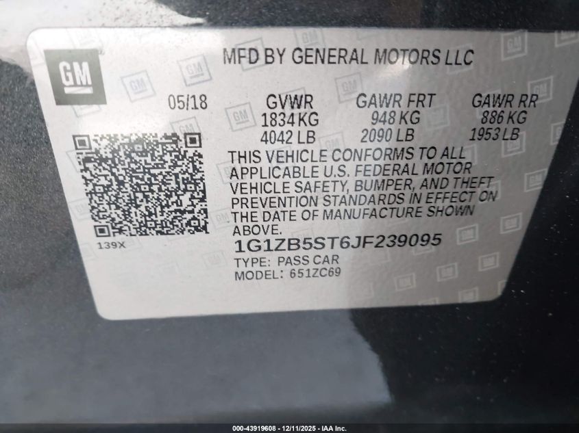 2018 Chevrolet Malibu 1Ls VIN: 1G1ZB5ST6JF239095 Lot: 43919608