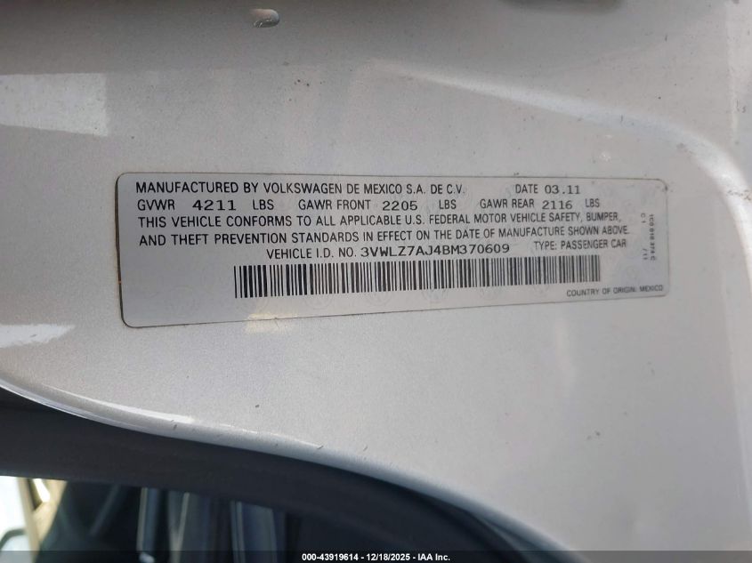 2011 Volkswagen Jetta 2.5L Sel VIN: 3VWLZ7AJ4BM370609 Lot: 43919614
