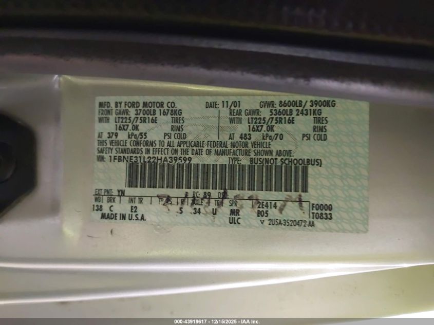 2002 Ford E-350 Super Duty Xl/Xlt VIN: 1FBNE31L22HA39599 Lot: 43919617