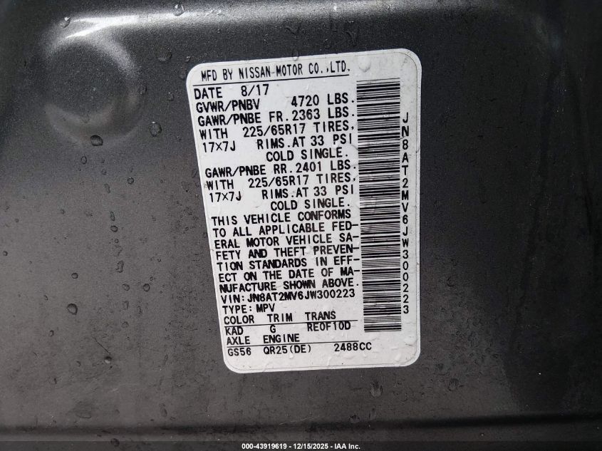 2018 Nissan Rogue Sv VIN: JN8AT2MV6JW300223 Lot: 43919619