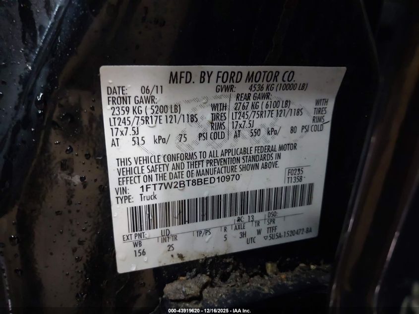 2011 Ford F-250 Xlt VIN: 1FT7W2BT8BED10970 Lot: 43919620