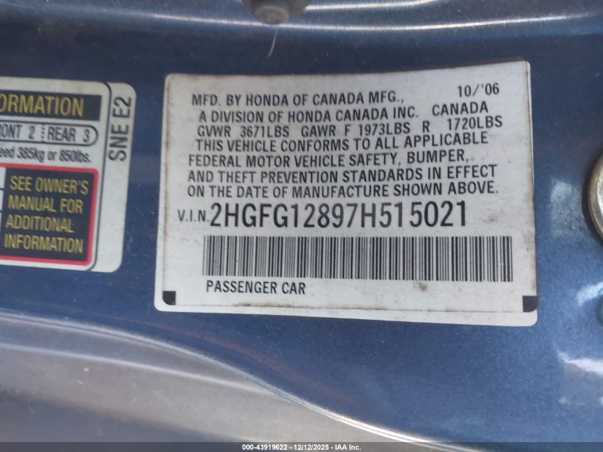 2007 Honda Civic Ex VIN: 2HGFG12897H515021 Lot: 43919622