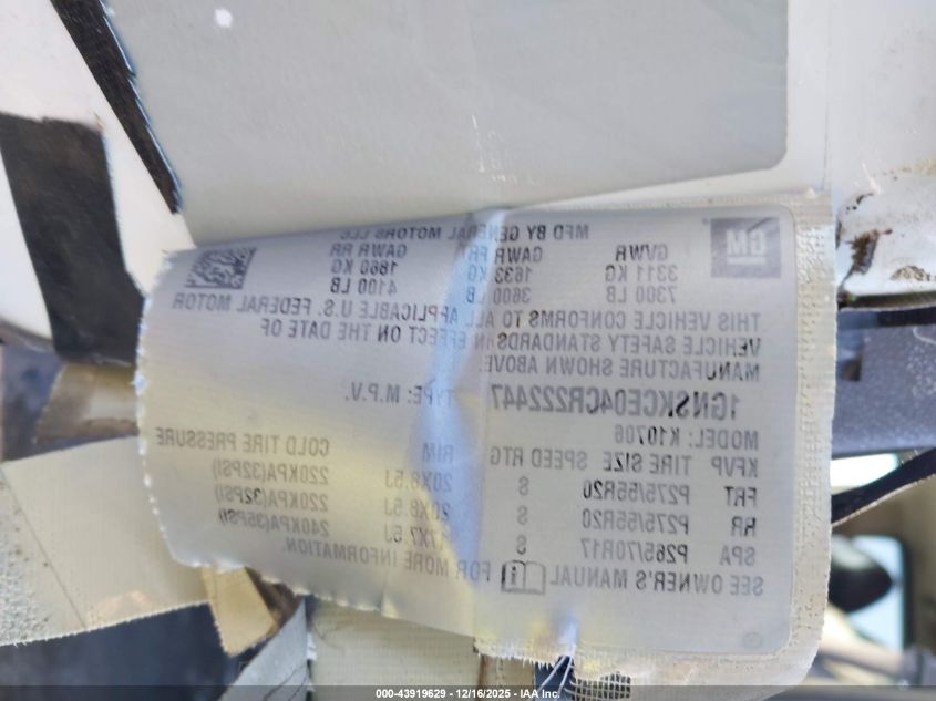 2012 Chevrolet Tahoe Ltz VIN: 1GNSKCE04CR222447 Lot: 43919629