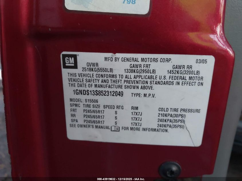 2005 Chevrolet Trailblazer Lt VIN: 1GNDS13S852312049 Lot: 43919632