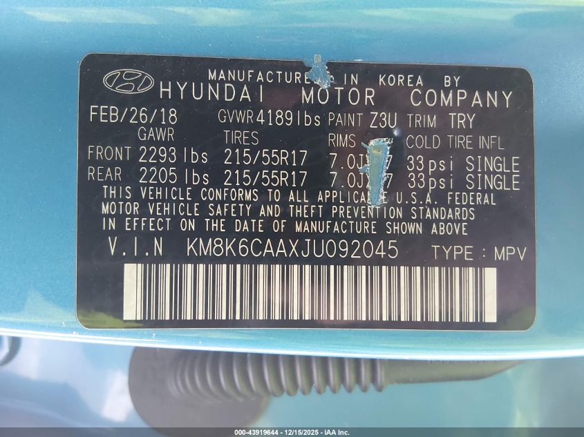 2018 Hyundai Kona Sel VIN: KM8K6CAAXJU092045 Lot: 43919644