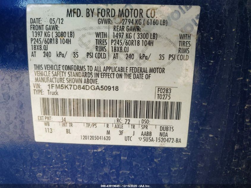 2013 Ford Explorer Xlt VIN: 1FM5K7D84DGA50918 Lot: 43919645