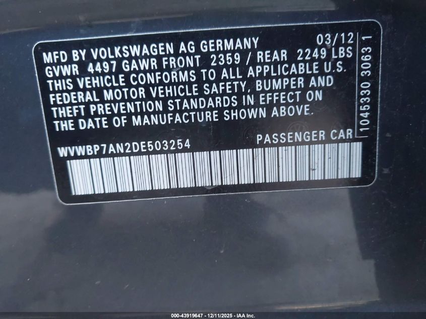 2013 Volkswagen Cc 2.0T Sport Plus VIN: WVWBP7AN2DE503254 Lot: 43919647