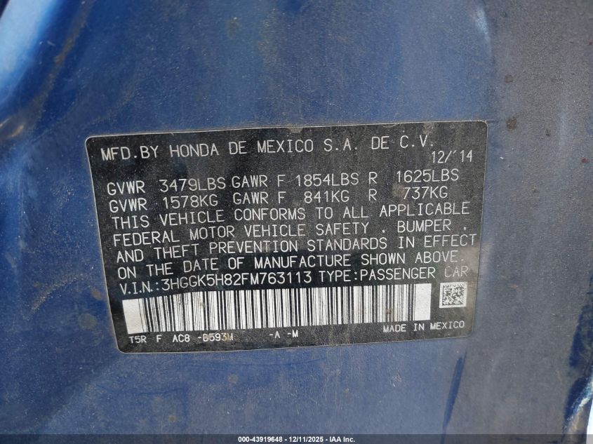 2015 Honda Fit Ex/Ex-L VIN: 3HGGK5H82FM763113 Lot: 43919648