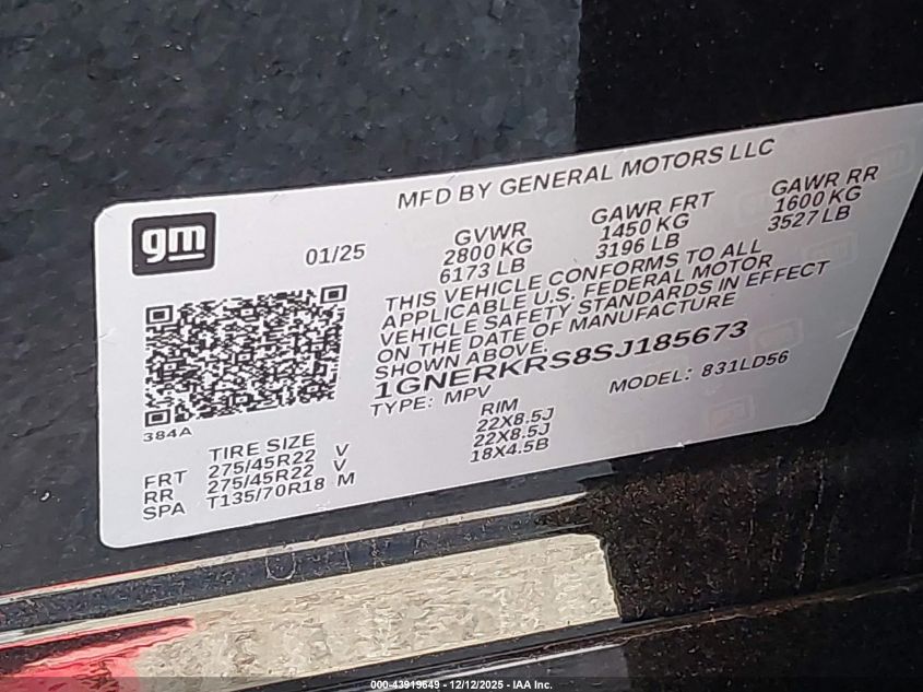 2025 Chevrolet Traverse Fwd High Country VIN: 1GNERKRS8SJ185673 Lot: 43919649