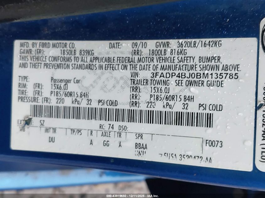 2011 Ford Fiesta Se VIN: 3FADP4BJ0BM135785 Lot: 43919650