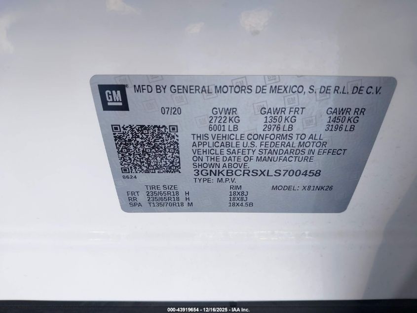 2020 Chevrolet Blazer Fwd 2Lt VIN: 3GNKBCRSXLS700458 Lot: 43919654