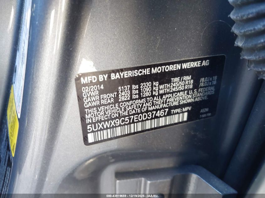 2014 BMW X3 xDrive28I VIN: 5UXWX9C57E0D37467 Lot: 43919659