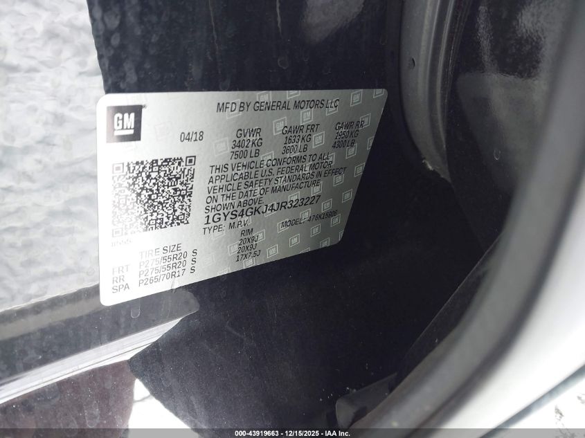 2018 Cadillac Escalade Esv Standard VIN: 1GYS4GKJ4JR323227 Lot: 43919663