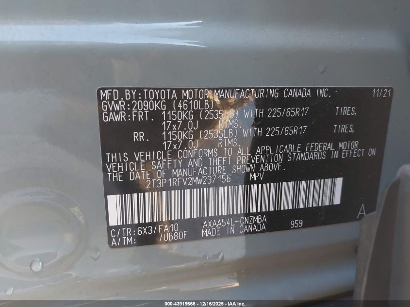 2021 Toyota Rav4 Xle VIN: 2T3P1RFV2MW237156 Lot: 43919666