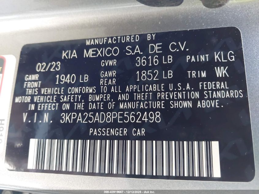 2023 Kia Rio 5-Door S VIN: 3KPA25AD8PE562498 Lot: 43919667