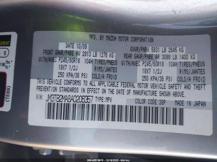 2010 Mazda Cx-9 Sport VIN: JM3TB2MA8A0206357 Lot: 43919670