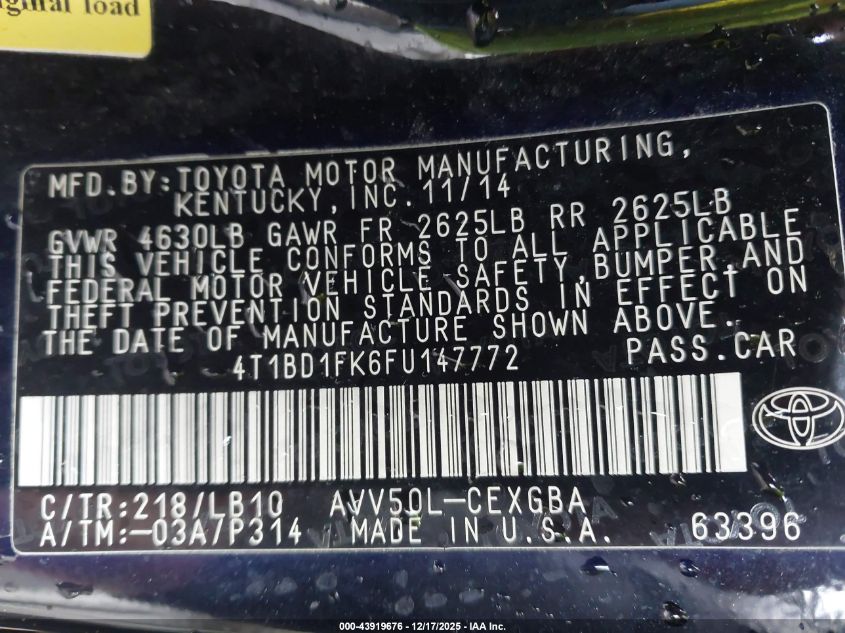 2015 Toyota Camry Hybrid Xle VIN: 4T1BD1FK6FU147772 Lot: 43919676