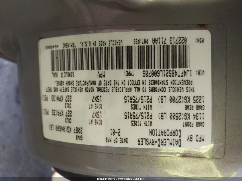 2001 Jeep Cherokee Sport VIN: 1J4FT48S21L600706 Lot: 43919677