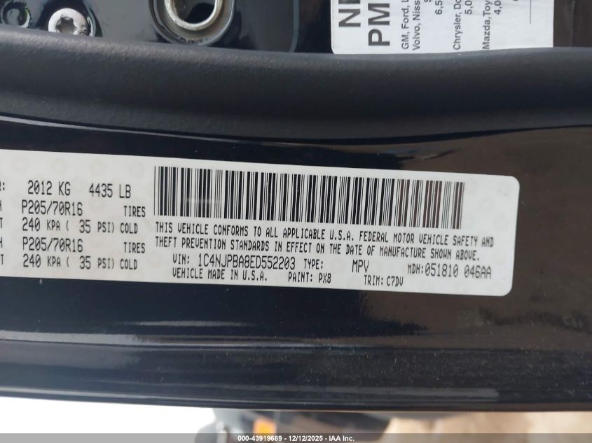 2014 Jeep Patriot Sport VIN: 1C4NJPBA8ED552203 Lot: 43919689