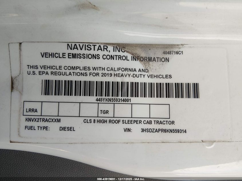 2019 International Lt VIN: 3HSDZAPR8KN332660 Lot: 43919691