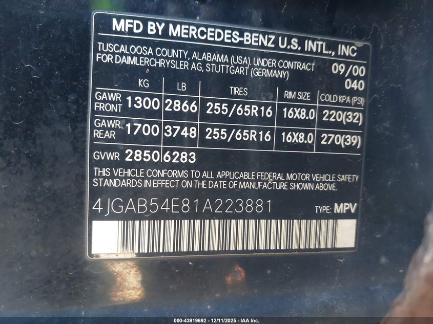 2001 Mercedes-Benz Ml 320 VIN: 4JGAB54E81A223881 Lot: 43919692
