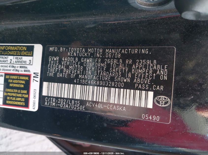 2009 Toyota Camry Se VIN: 4T1BE46K89U328200 Lot: 43919698