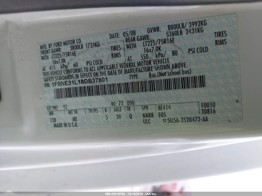 2008 Ford E-350 Super Duty Xl/Xlt VIN: 1FBNE31L18DB37801 Lot: 43919705