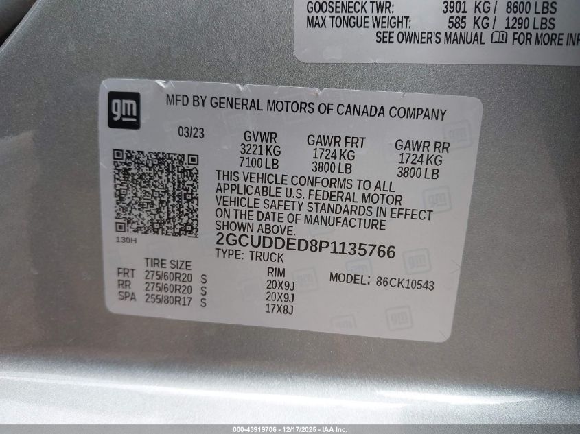 2023 Chevrolet Silverado 1500 4Wd Standard Bed Lt VIN: 2GCUDDED8P1135766 Lot: 43919706