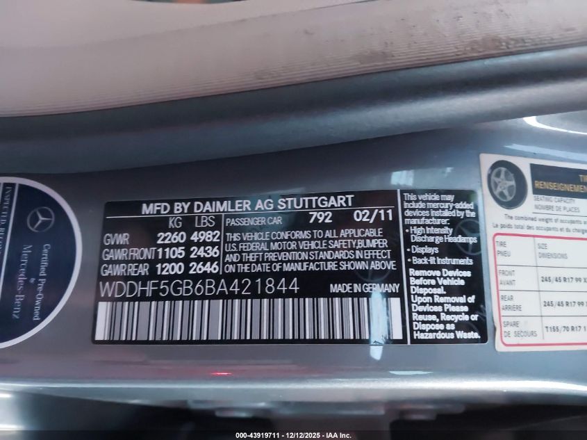 2011 Mercedes-Benz E 350 VIN: WDDHF5GB6BA421844 Lot: 43919711