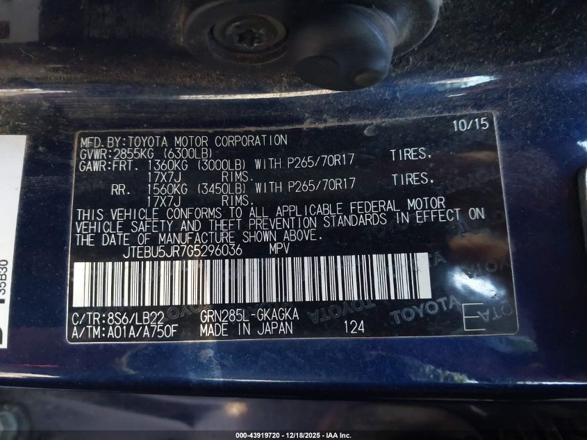 2016 Toyota 4Runner Sr5 Premium VIN: JTEBU5JR7G5296036 Lot: 43919720