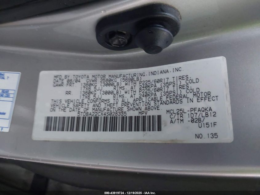 2004 Toyota Sienna Xle VIN: 5TDBA22CX4S028335 Lot: 43919724