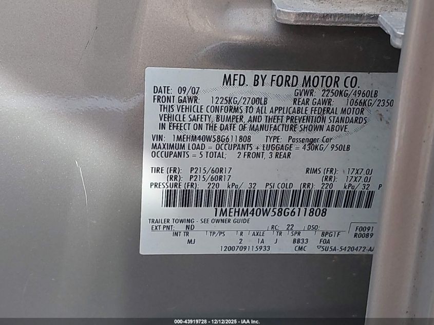 2008 Mercury Sable VIN: 1MEHM40W58G611808 Lot: 43919728