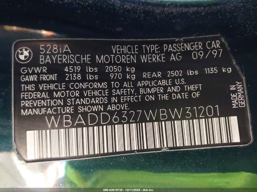 1998 BMW 528I VIN: WBADD6327WBW31201 Lot: 43919739
